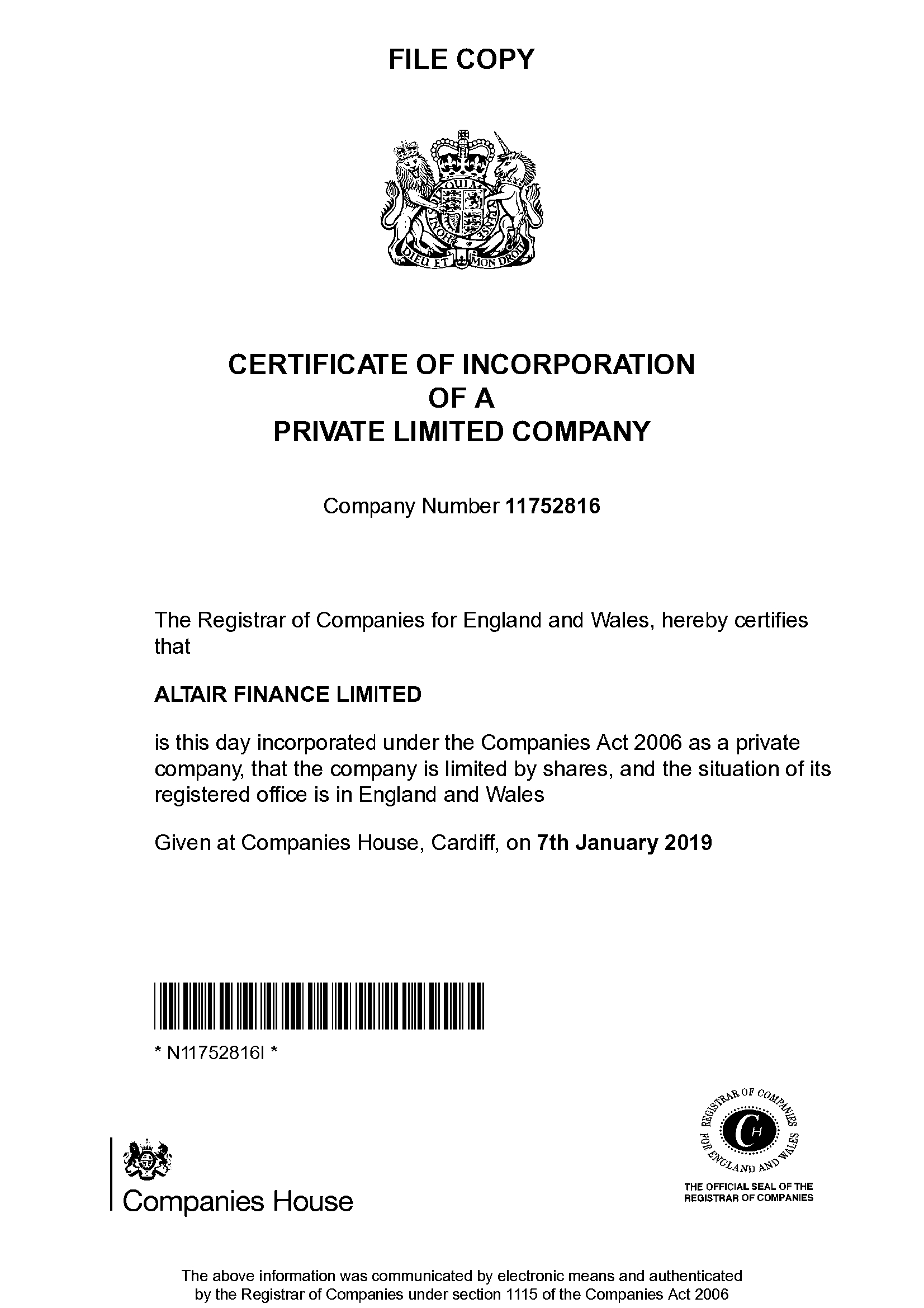 ALTAIR FINANCE Company Certificate